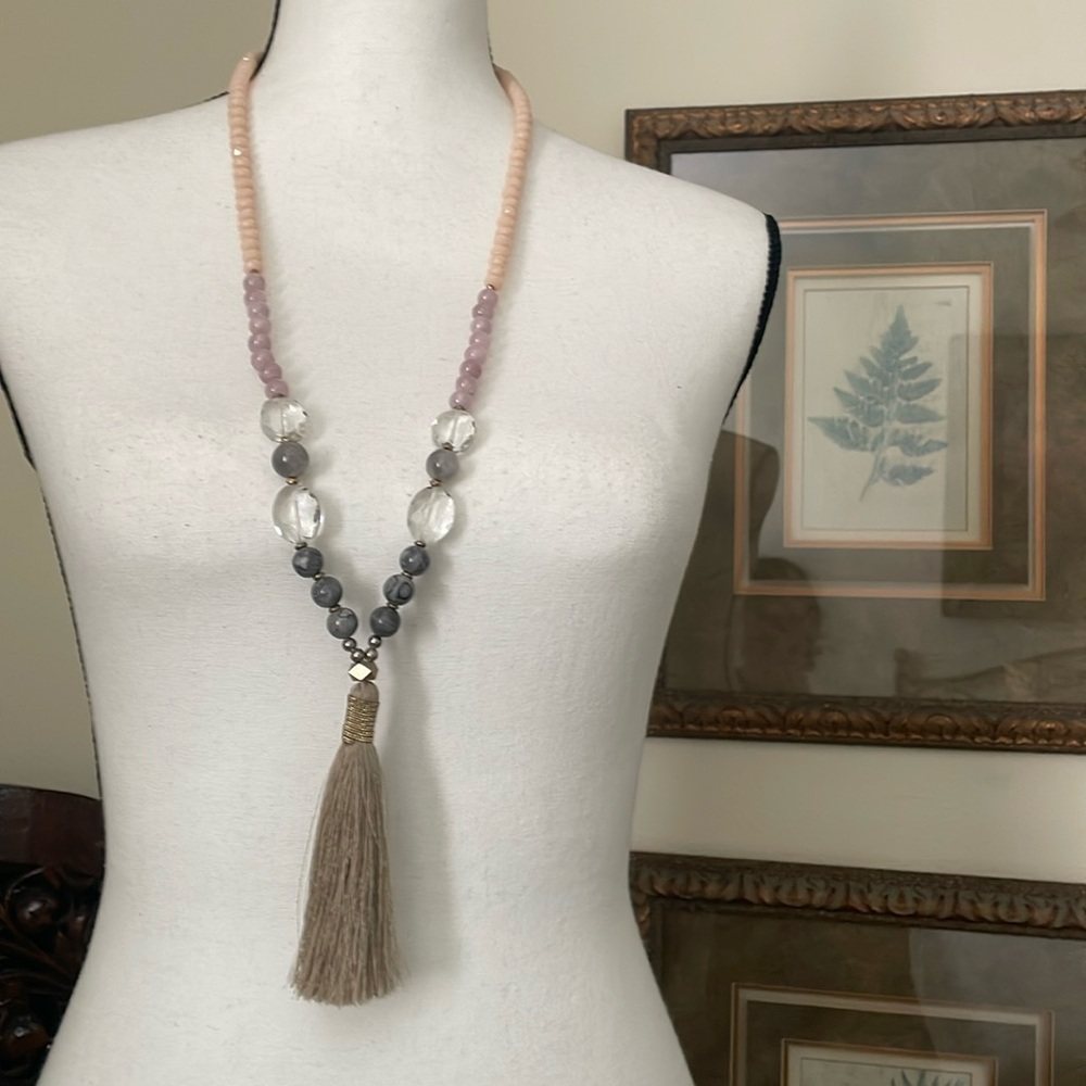Anthropologie gemstone Nakamol Gold and Cream tassel Statement Necklace new